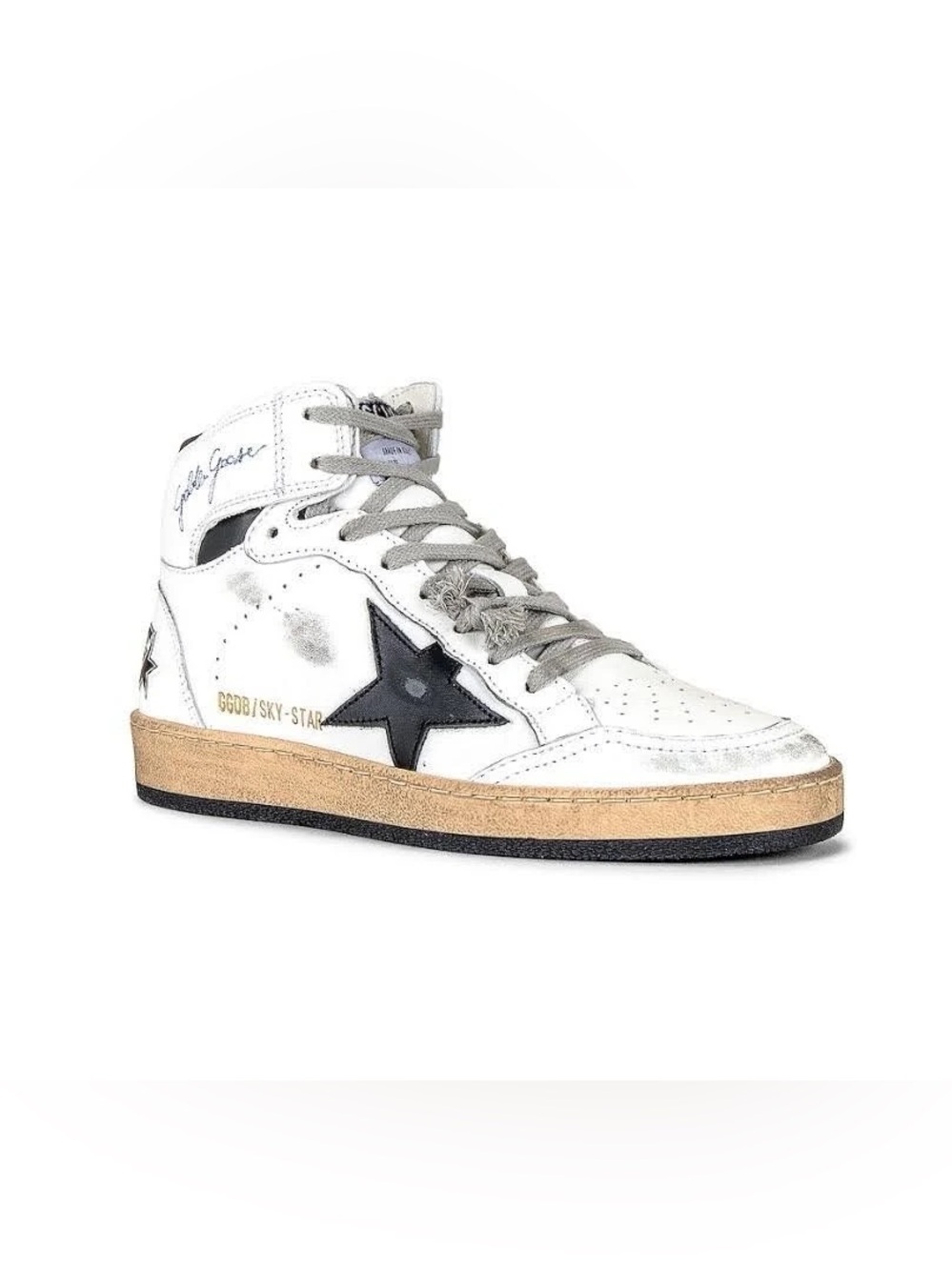 Golden Goose White High-Top Sneaker with Black Star and Tan Sole